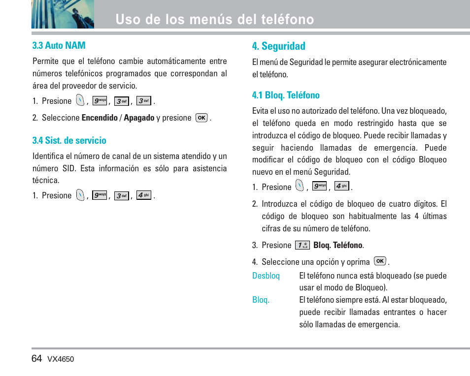 Uso de los menús del teléfono, Seguridad | LG VX4650 User Manual | Page 152 / 180