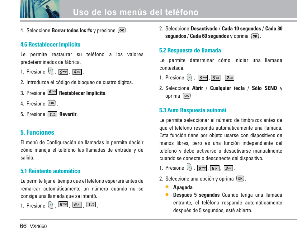 Uso de los menús del teléfono, Funciones | LG VX4650 User Manual | Page 154 / 180