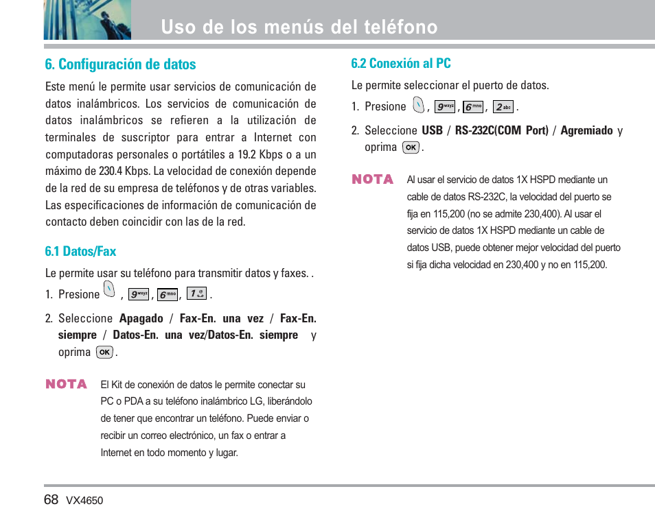 Uso de los menús del teléfono, Configuración de datos | LG VX4650 User Manual | Page 156 / 180