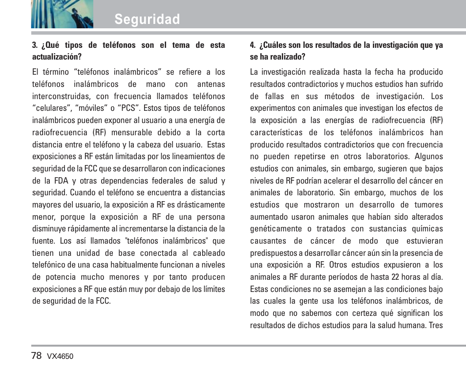 Seguridad | LG VX4650 User Manual | Page 166 / 180