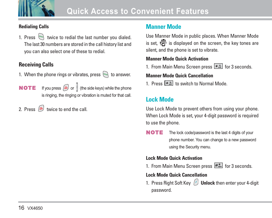 Quick access to convenient features, Manner mode, Lock mode | LG VX4650 User Manual | Page 17 / 180