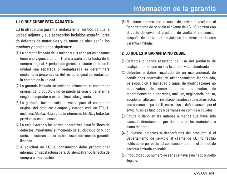 Información de la garantía | LG VX4650 User Manual | Page 177 / 180