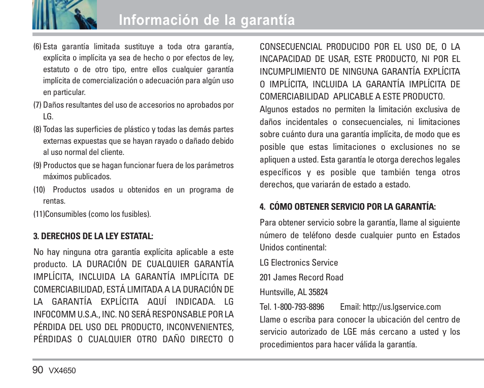 Información de la garantía | LG VX4650 User Manual | Page 178 / 180