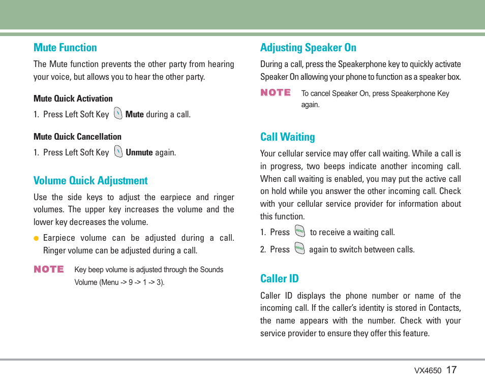 Mute function, Volume quick adjustment, Adjusting speaker on | Call waiting, Caller id | LG VX4650 User Manual | Page 18 / 180