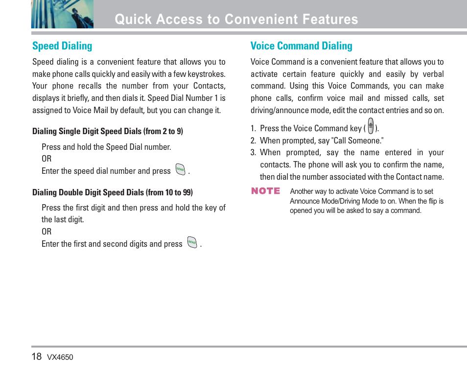 Quick access to convenient features, Speed dialing, Voice command dialing | LG VX4650 User Manual | Page 19 / 180