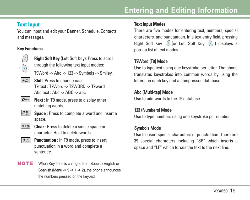 Entering and editing information, Text input | LG VX4650 User Manual | Page 20 / 180