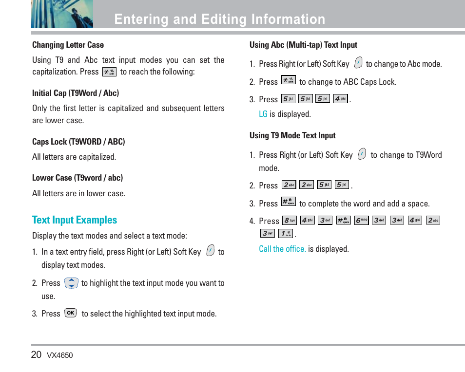 Entering and editing information, Text input examples | LG VX4650 User Manual | Page 21 / 180