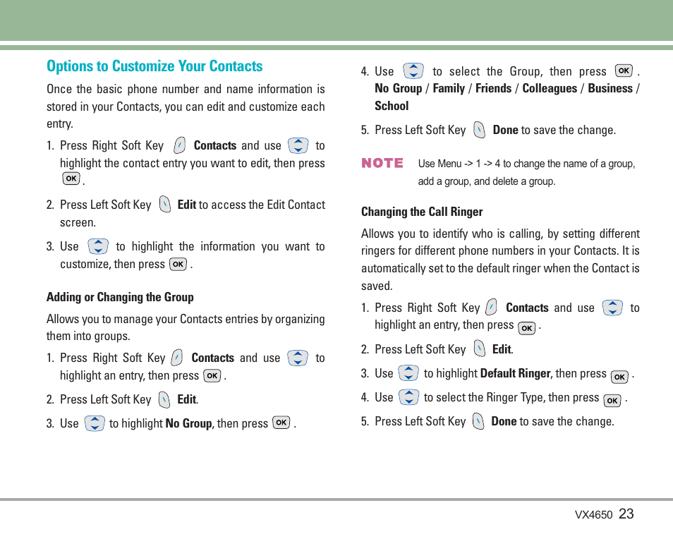 Options to customize your contacts | LG VX4650 User Manual | Page 24 / 180