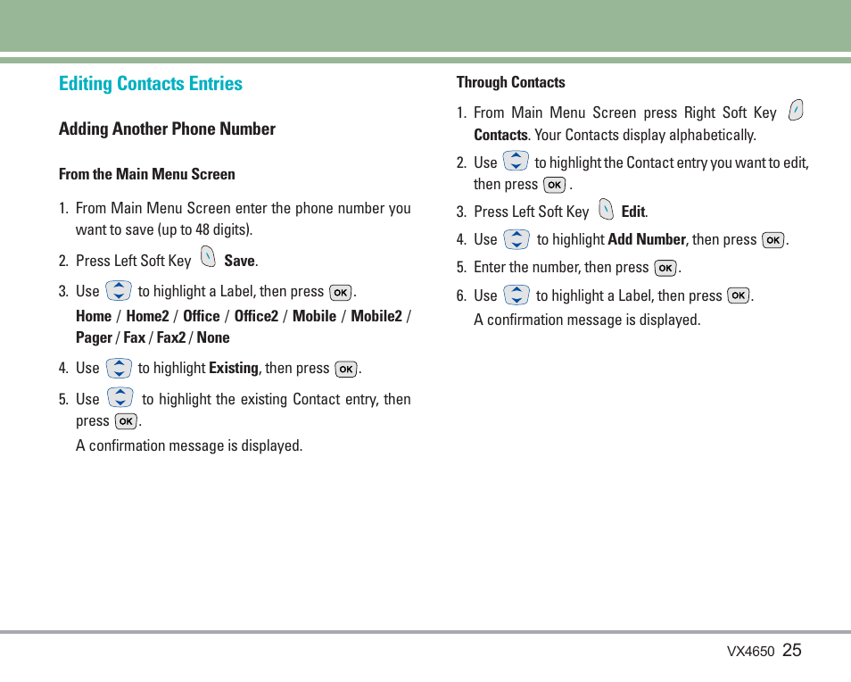 Editing contacts entries | LG VX4650 User Manual | Page 26 / 180