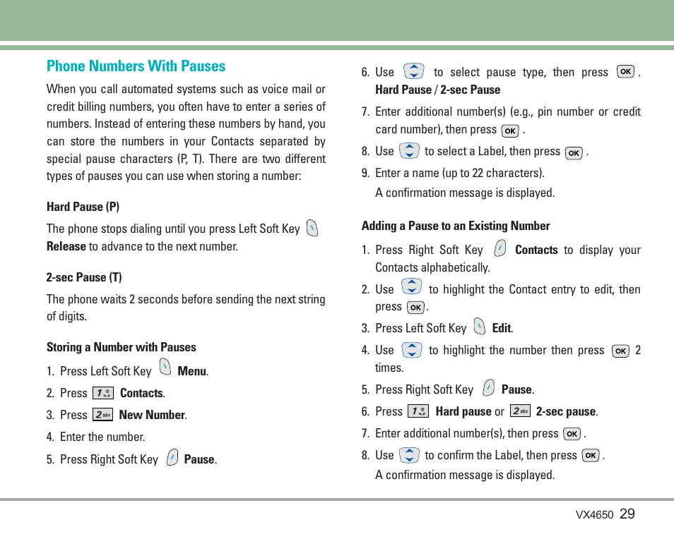 Phone numbers with pauses | LG VX4650 User Manual | Page 30 / 180