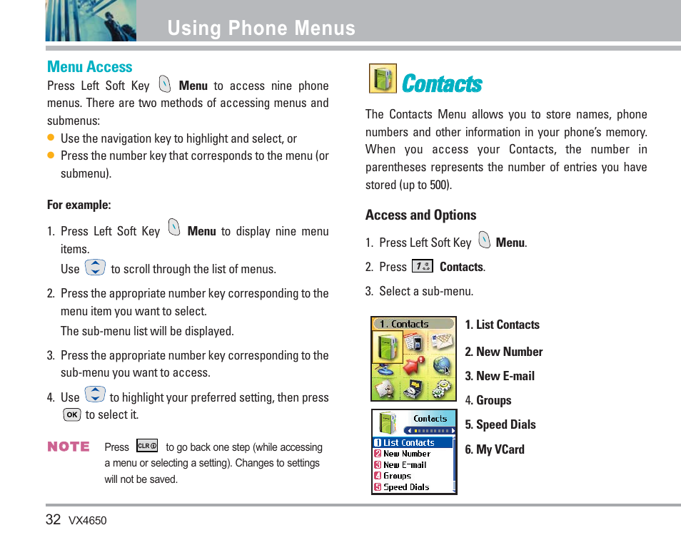 Cco on ntta ac cttss, Using phone menus | LG VX4650 User Manual | Page 33 / 180