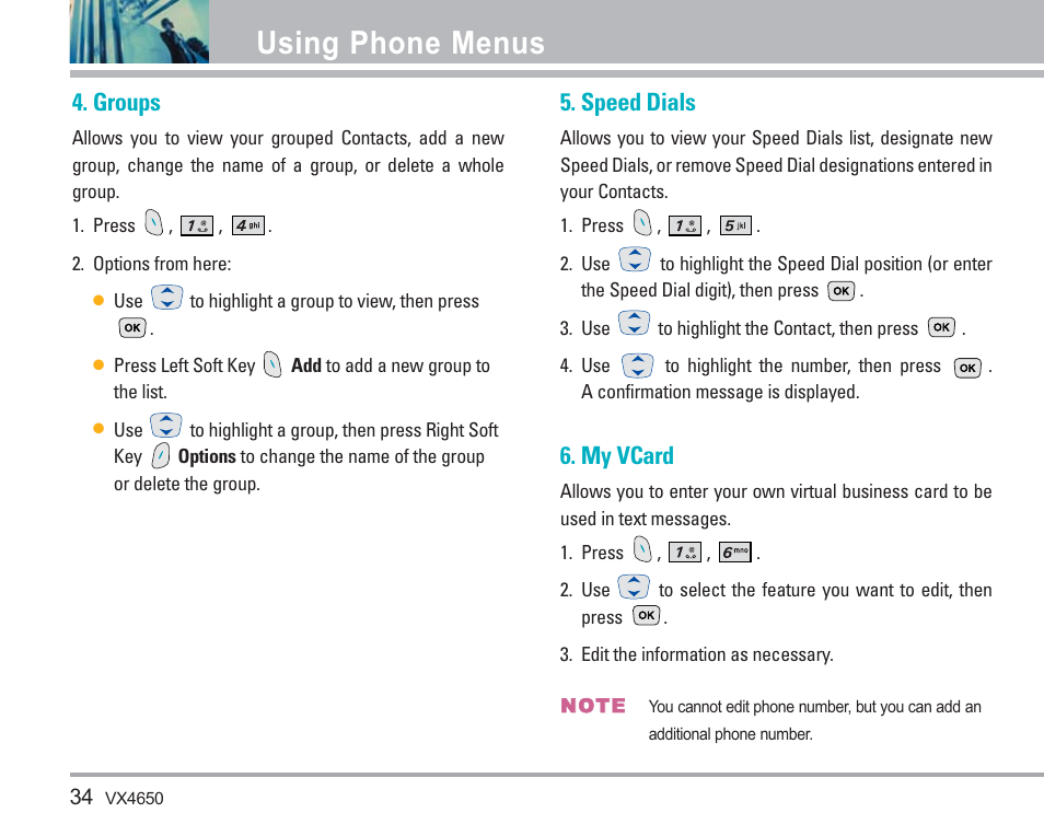 Using phone menus, Groups, Speed dials | My vcard | LG VX4650 User Manual | Page 35 / 180