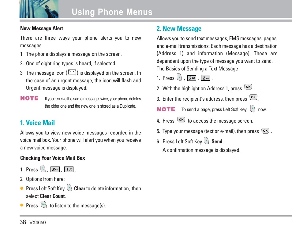 Using phone menus, Voice mail, New message | LG VX4650 User Manual | Page 39 / 180