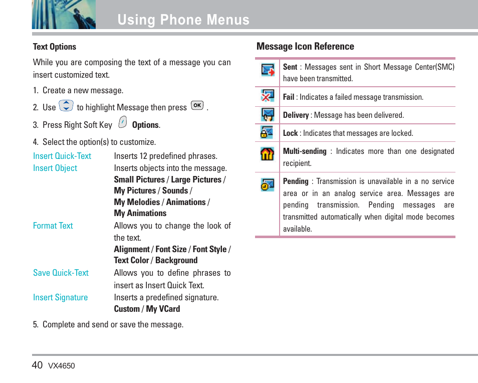 Using phone menus | LG VX4650 User Manual | Page 41 / 180