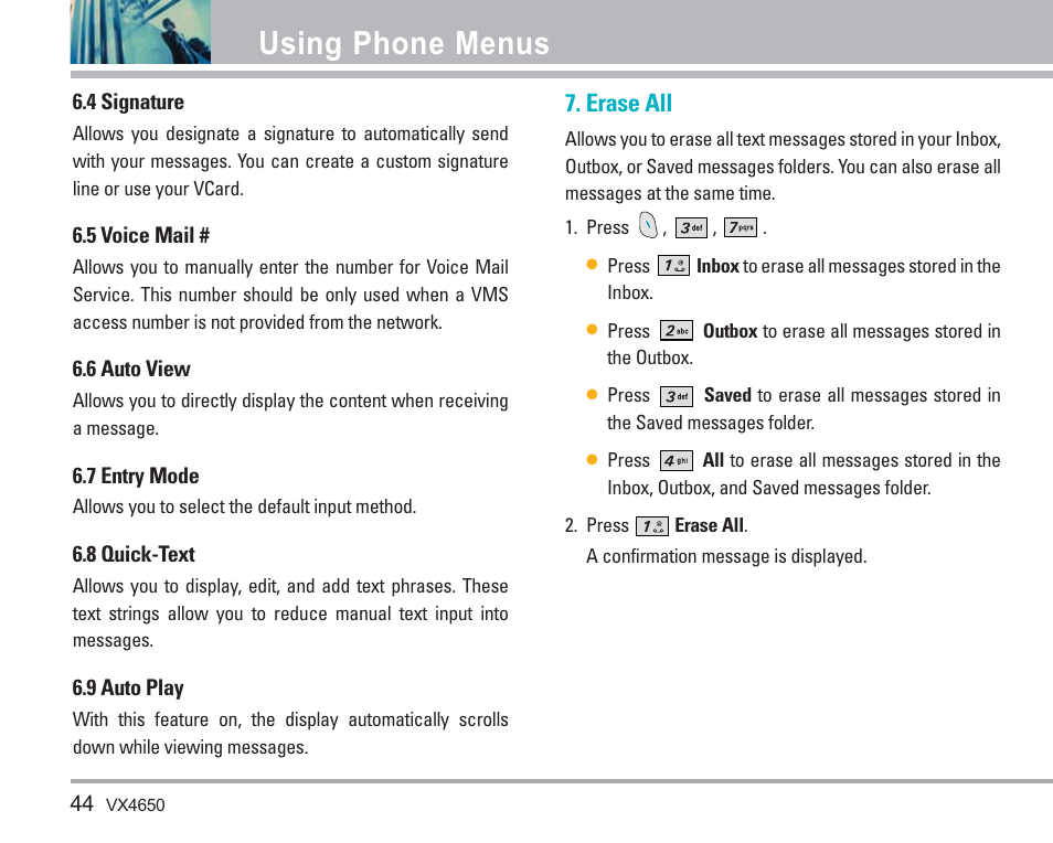 Using phone menus, Erase all | LG VX4650 User Manual | Page 45 / 180