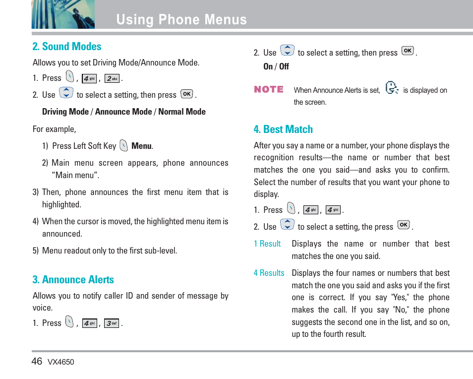 Using phone menus, Sound modes, Announce alerts | Best match | LG VX4650 User Manual | Page 47 / 180