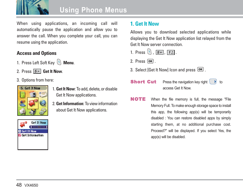 Using phone menus, Get it now | LG VX4650 User Manual | Page 49 / 180