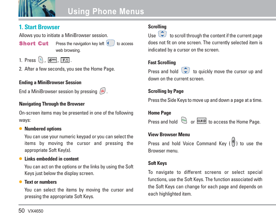 Using phone menus, Start browser | LG VX4650 User Manual | Page 51 / 180