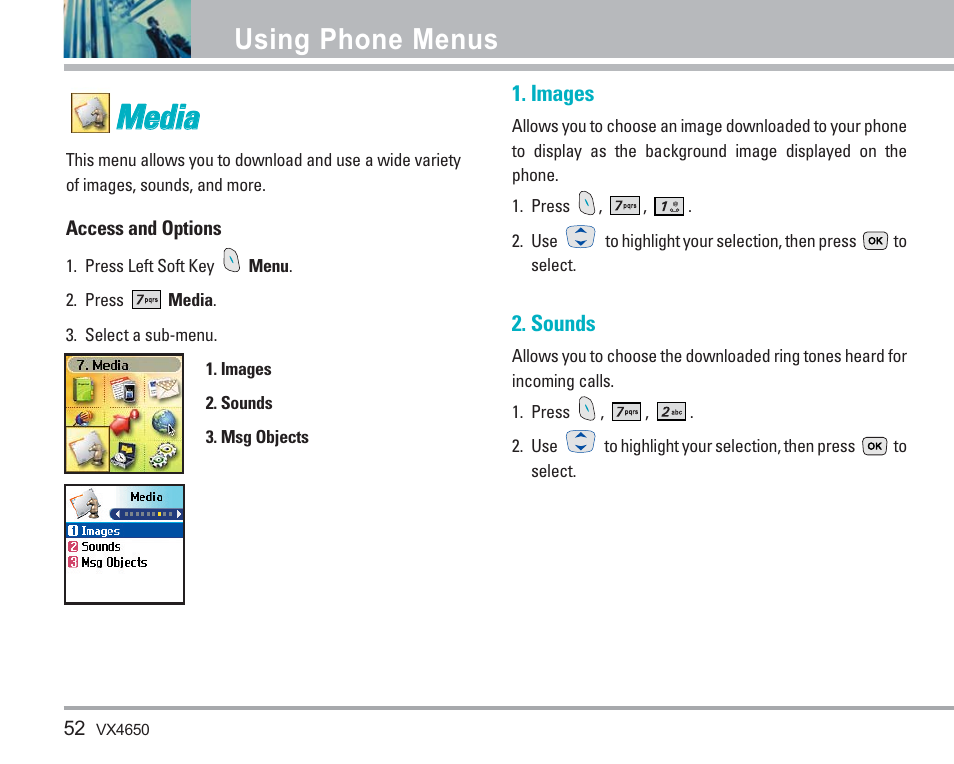 Mme ed diia a, Using phone menus | LG VX4650 User Manual | Page 53 / 180