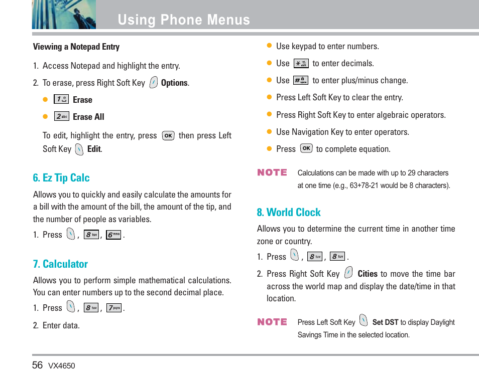 Using phone menus, Ez tip calc, Calculator | World clock | LG VX4650 User Manual | Page 57 / 180