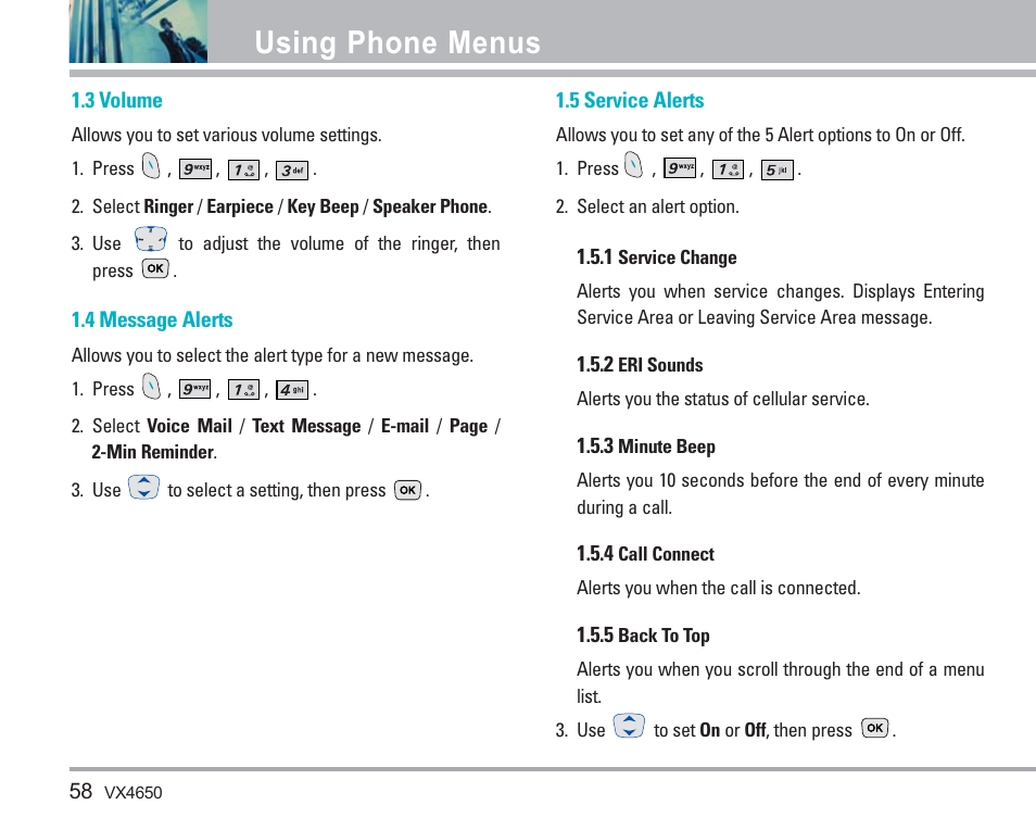 Using phone menus | LG VX4650 User Manual | Page 59 / 180