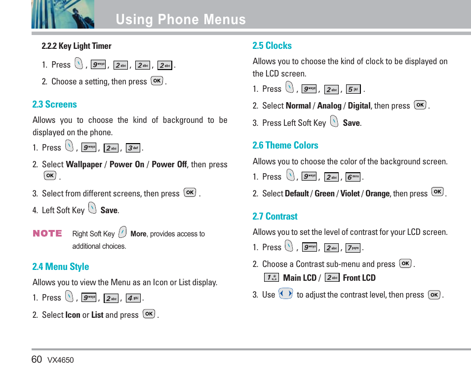 Using phone menus | LG VX4650 User Manual | Page 61 / 180