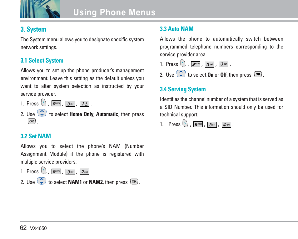 Using phone menus, System | LG VX4650 User Manual | Page 63 / 180