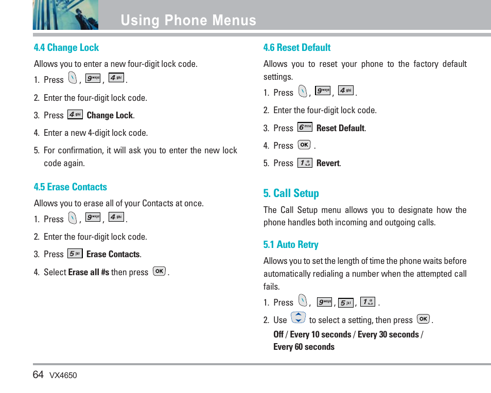 Using phone menus, Call setup | LG VX4650 User Manual | Page 65 / 180