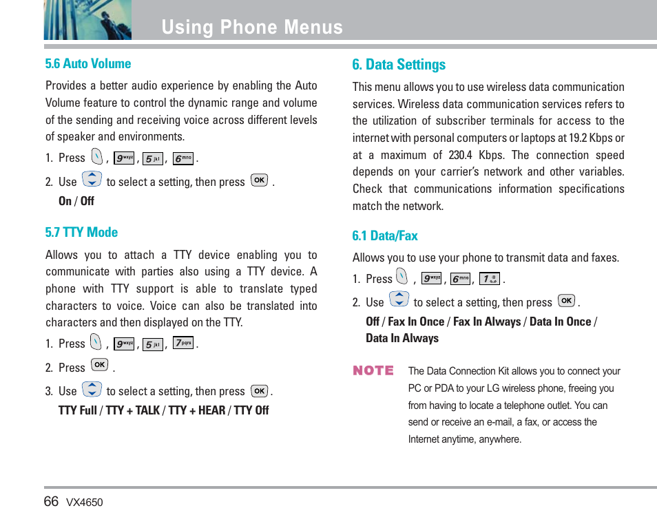 Using phone menus, Data settings | LG VX4650 User Manual | Page 67 / 180