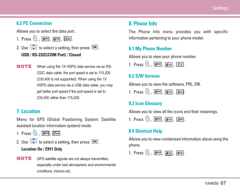 Location, Phone info | LG VX4650 User Manual | Page 68 / 180