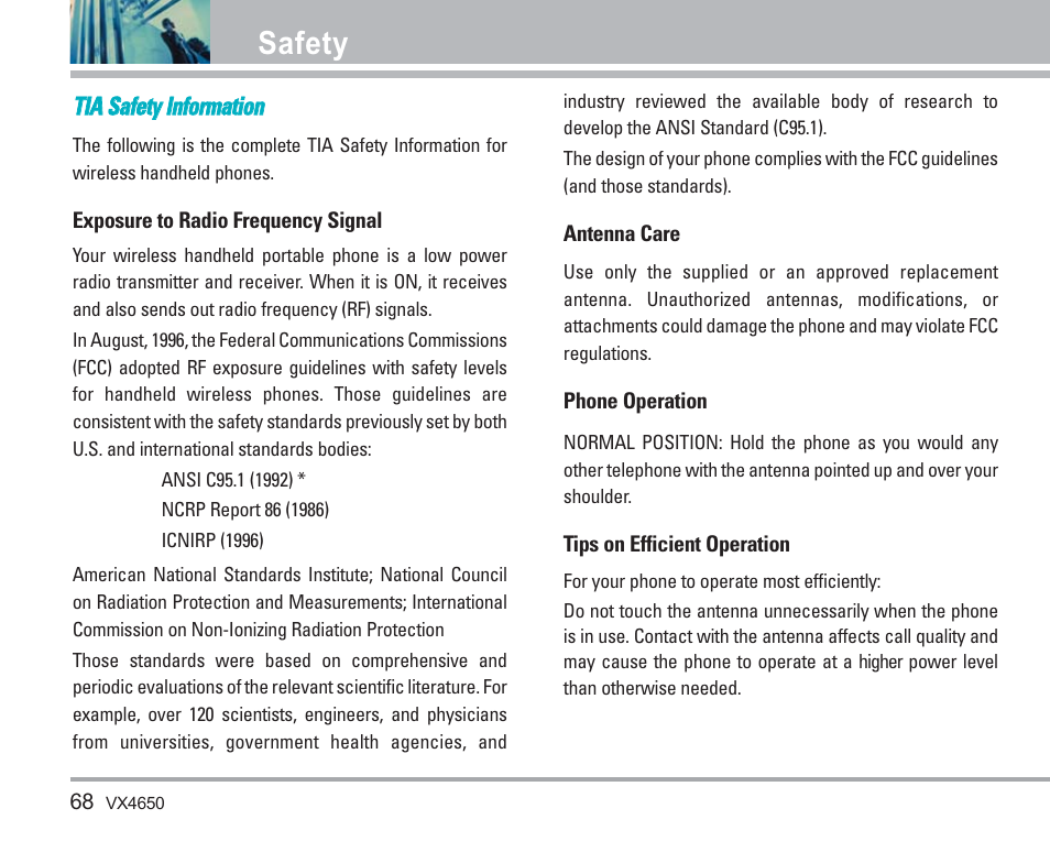 Safety, Ttiia a s saaffeettyy iinnffoorrm maattiioonn | LG VX4650 User Manual | Page 69 / 180