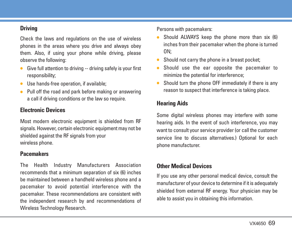 69 driving, Electronic devices, Pacemakers | Hearing aids, Other medical devices | LG VX4650 User Manual | Page 70 / 180