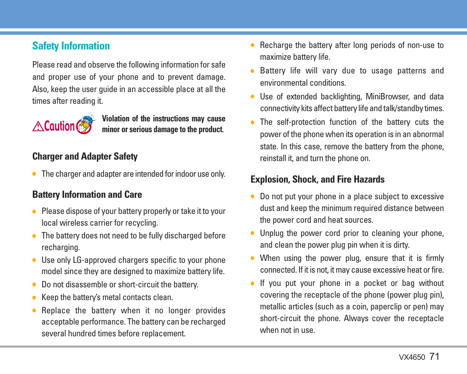 Caution, Safety information, Charger and adapter safety | Battery information and care, Explosion, shock, and fire hazards | LG VX4650 User Manual | Page 72 / 180