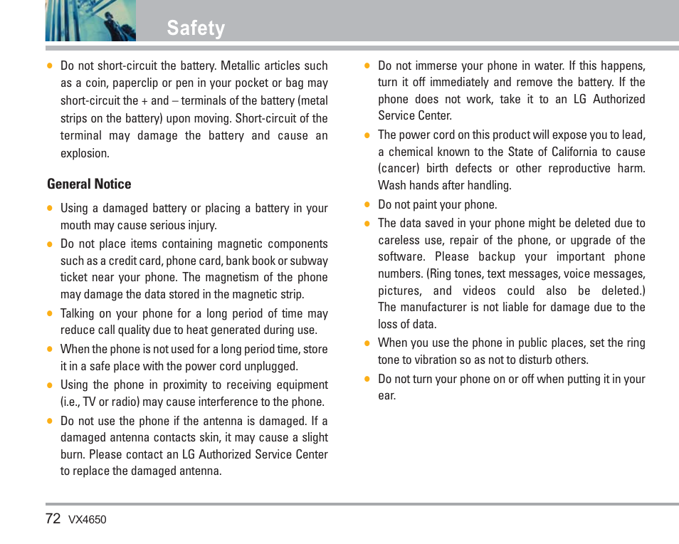 Safety, General notice | LG VX4650 User Manual | Page 73 / 180