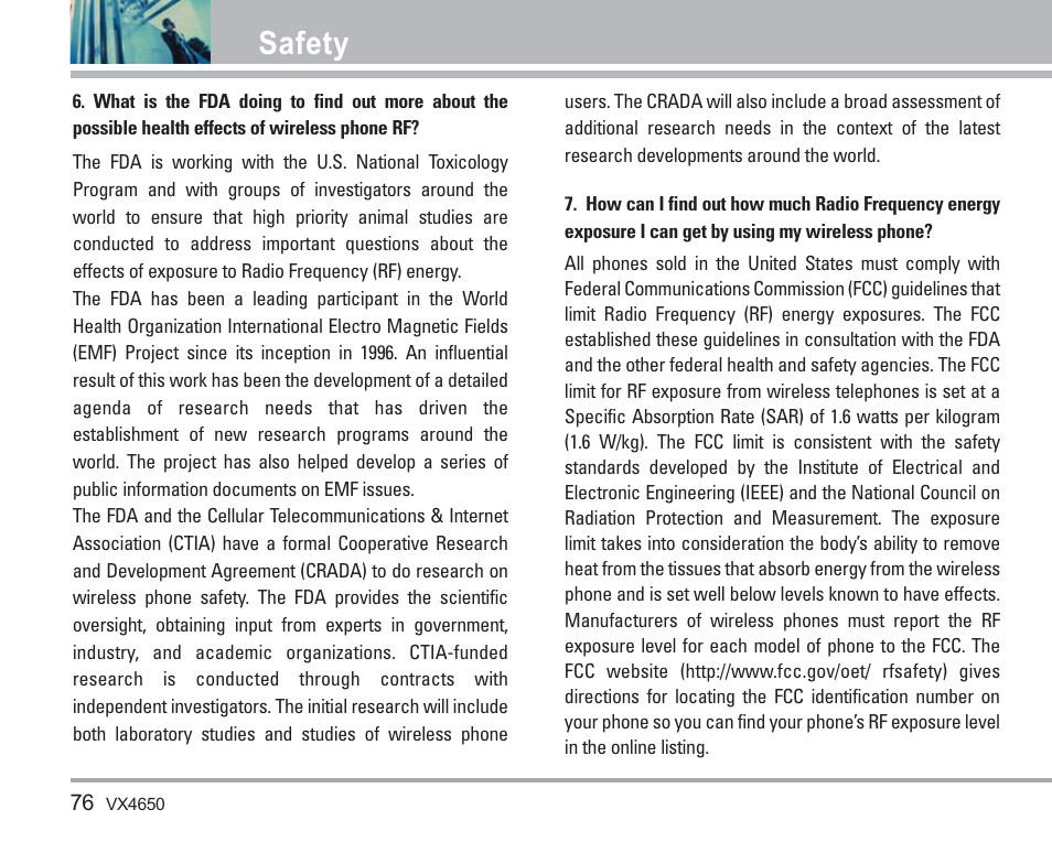 Safety | LG VX4650 User Manual | Page 77 / 180