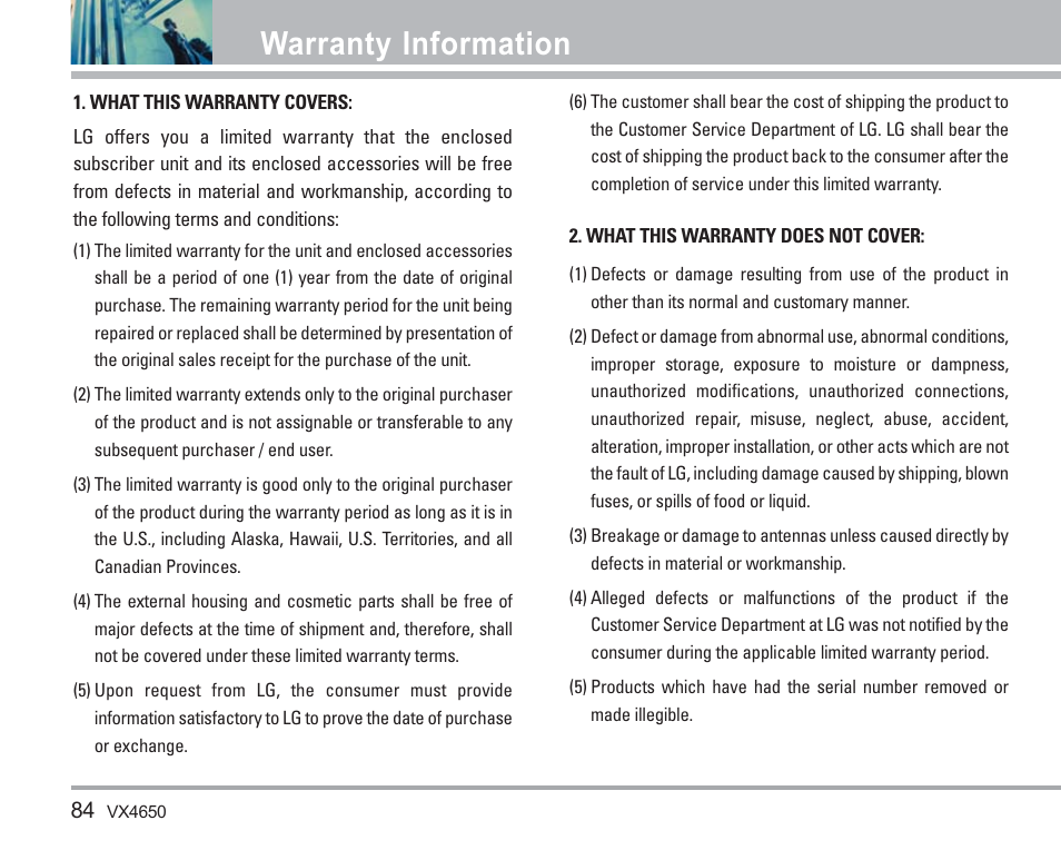 Warranty information | LG VX4650 User Manual | Page 85 / 180