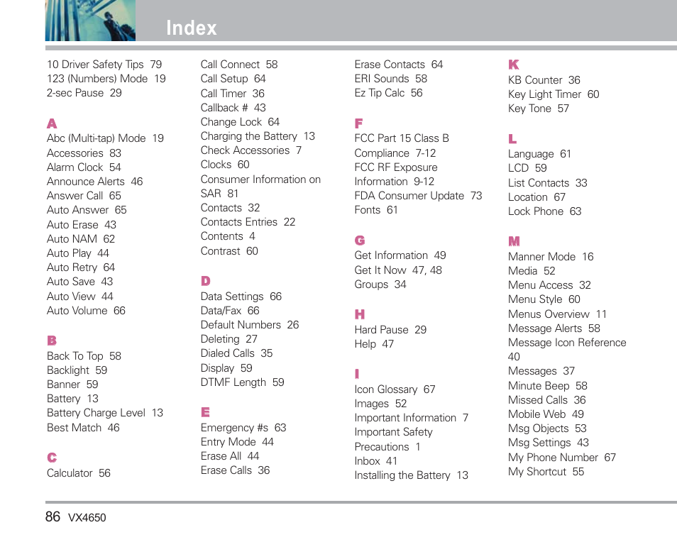 Index | LG VX4650 User Manual | Page 87 / 180