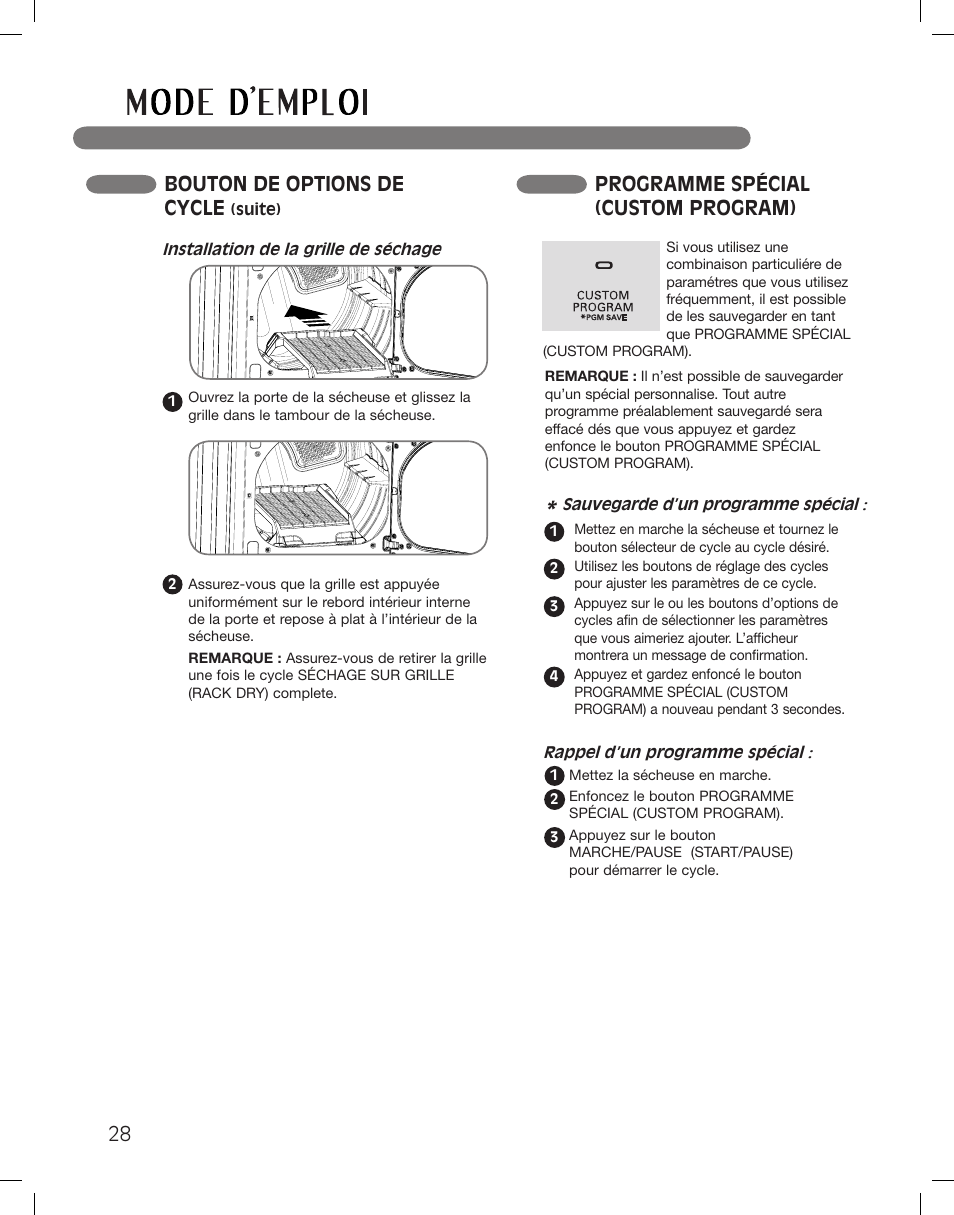 Bouton de options de cycle, Programme spécial (custom program) | LG DLG5002W User Manual | Page 106 / 116