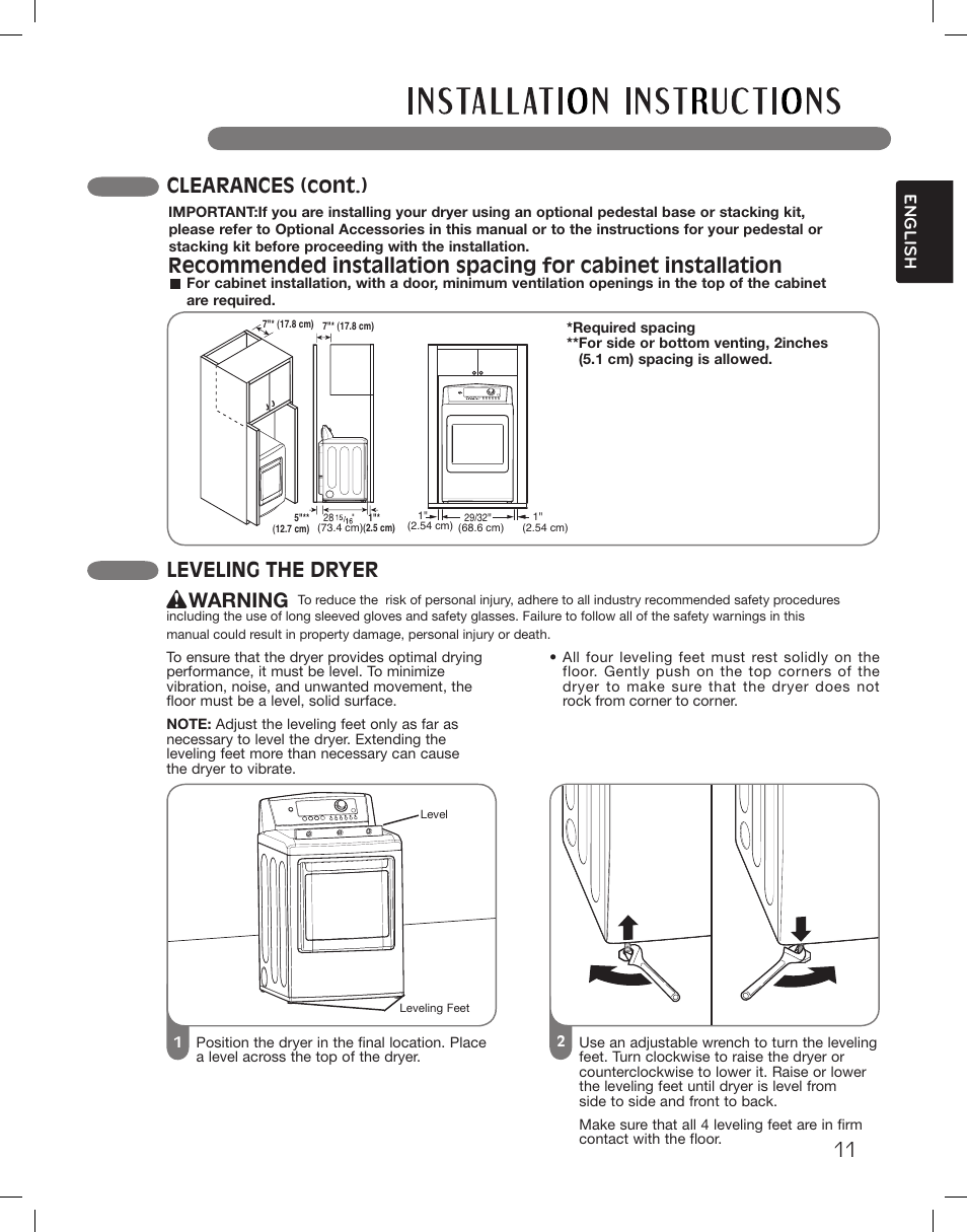 Leveling the dryer clearances (cont.), Warning | LG DLG5002W User Manual | Page 11 / 116