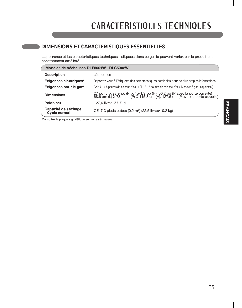 Dimensions et caracteristiques essentielles | LG DLG5002W User Manual | Page 111 / 116