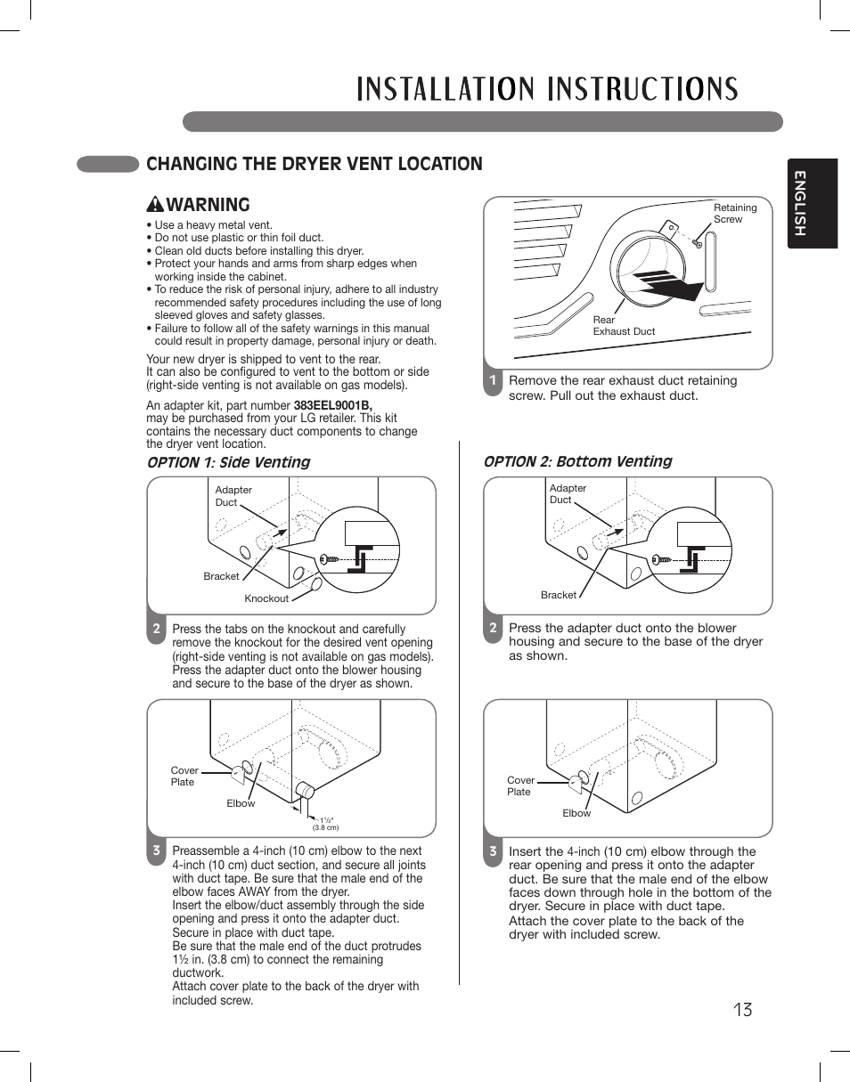 13 changing the dryer vent location, Warning, English | LG DLG5002W User Manual | Page 13 / 116