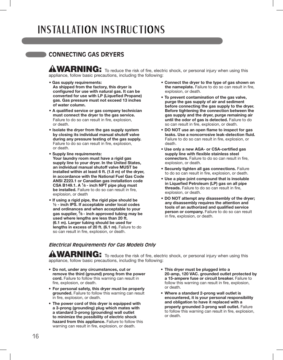 Wwarning, 16 connecting gas dryers | LG DLG5002W User Manual | Page 16 / 116