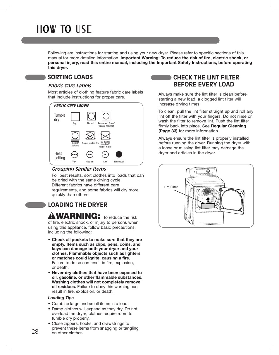 Wwarning, Sorting loads, Check the lint filter before every load | Loading the dryer | LG DLG5002W User Manual | Page 28 / 116