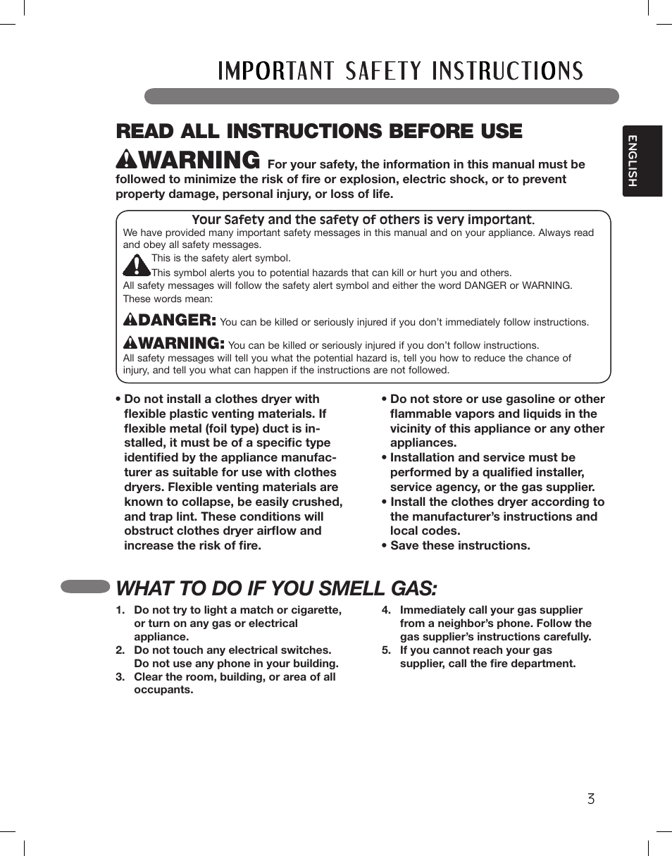 Read all instructions before use, What to do if you smell gas, Wdanger | Wwarning | LG DLG5002W User Manual | Page 3 / 116