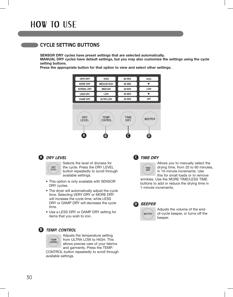 Cycle setting buttons | LG DLG5002W User Manual | Page 30 / 116