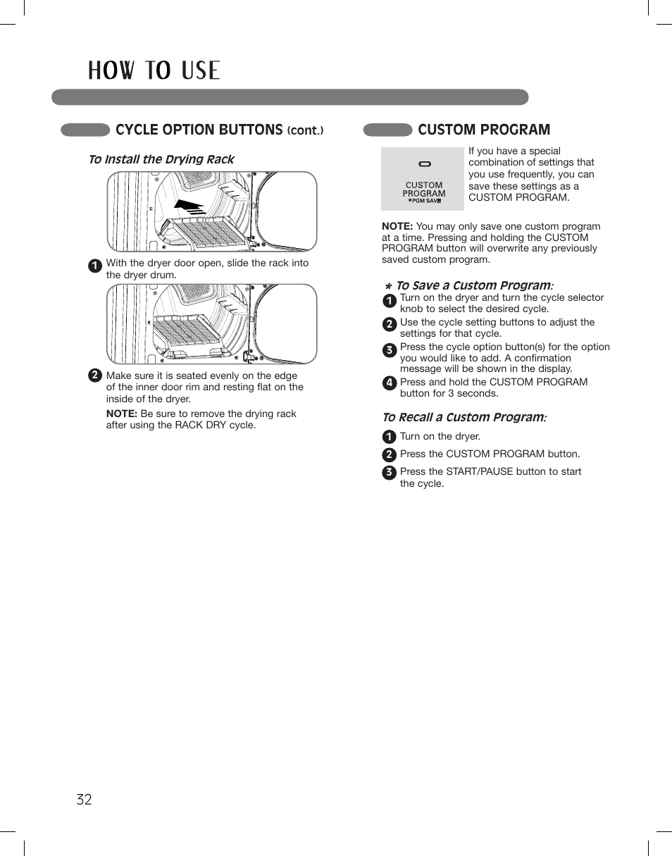 Cycle option buttons, Custom program | LG DLG5002W User Manual | Page 32 / 116