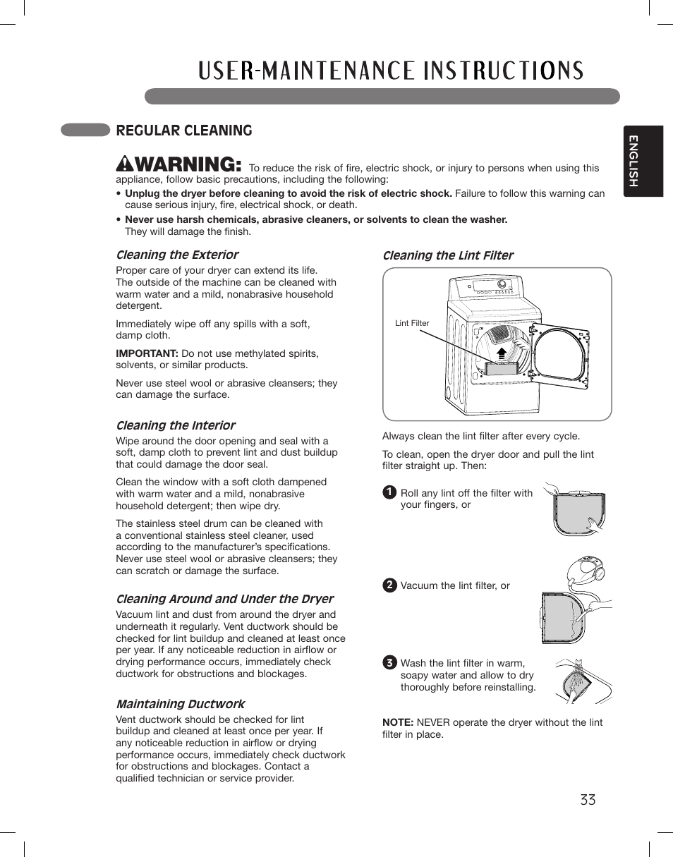 Wwarning, Custom program, Regular cleaning | LG DLG5002W User Manual | Page 33 / 116