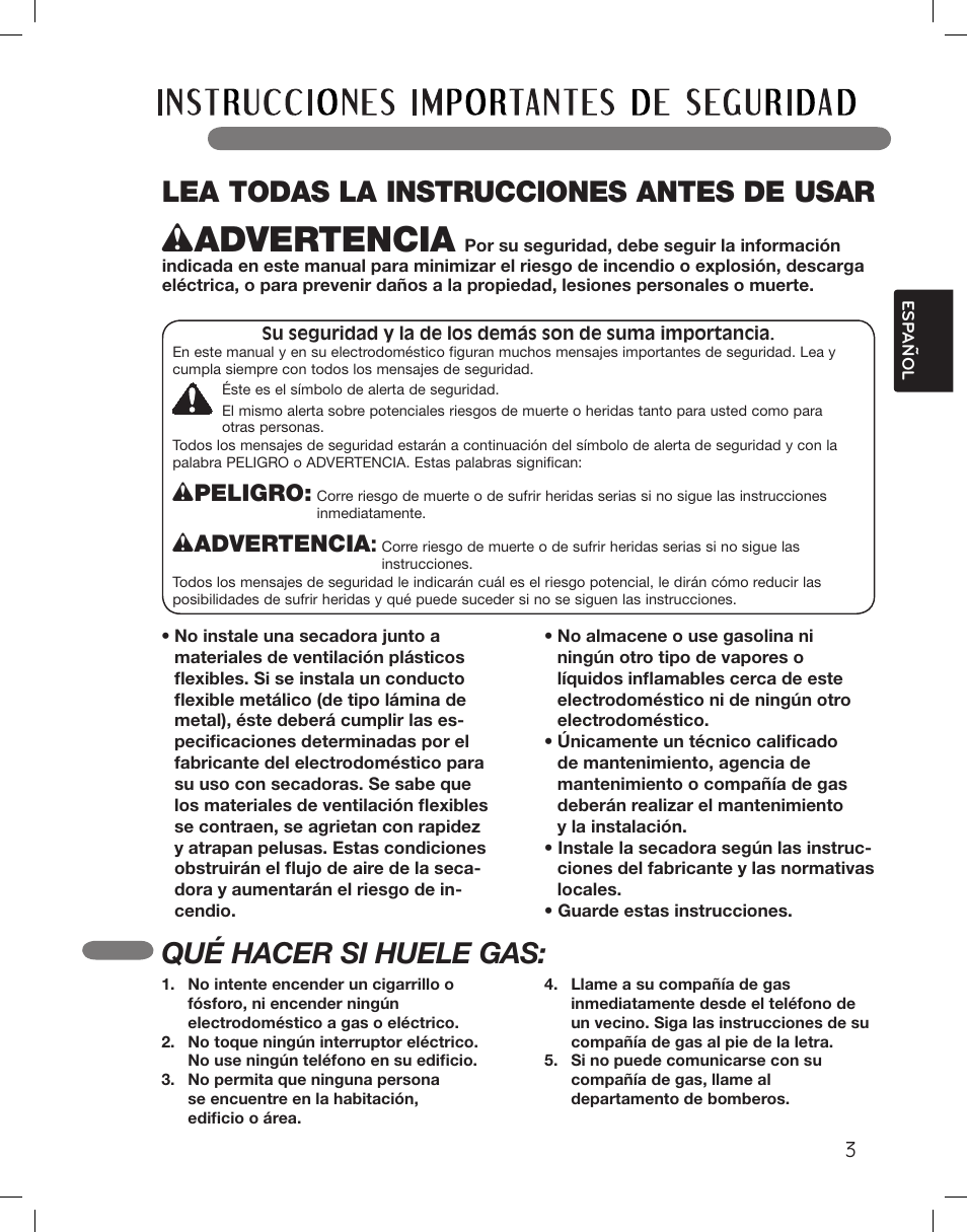 Lea todas la instrucciones antes de usar, Qué hacer si huele gas, Wpeligro | Wadvertencia | LG DLG5002W User Manual | Page 43 / 116