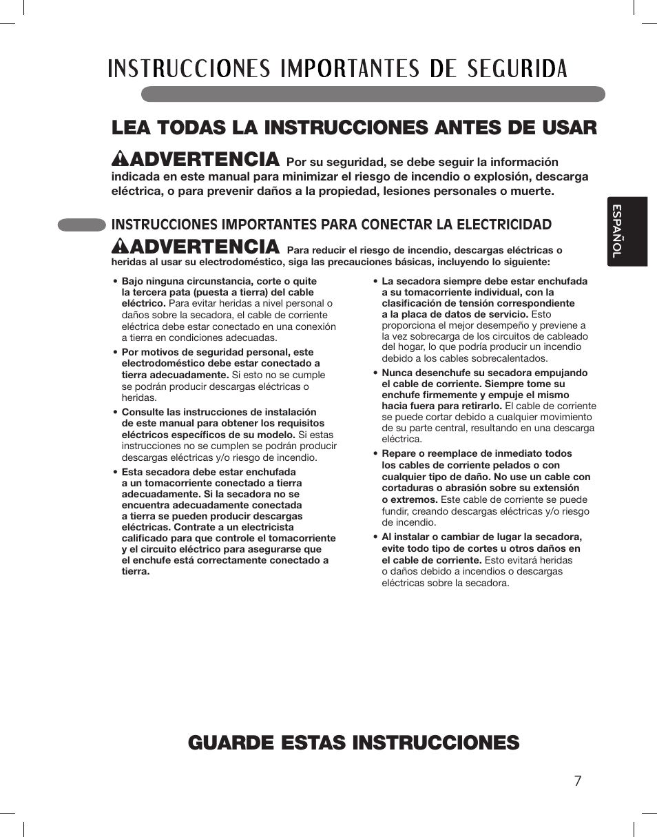 Guarde estas instrucciones, Wadvertencia | LG DLG5002W User Manual | Page 47 / 116