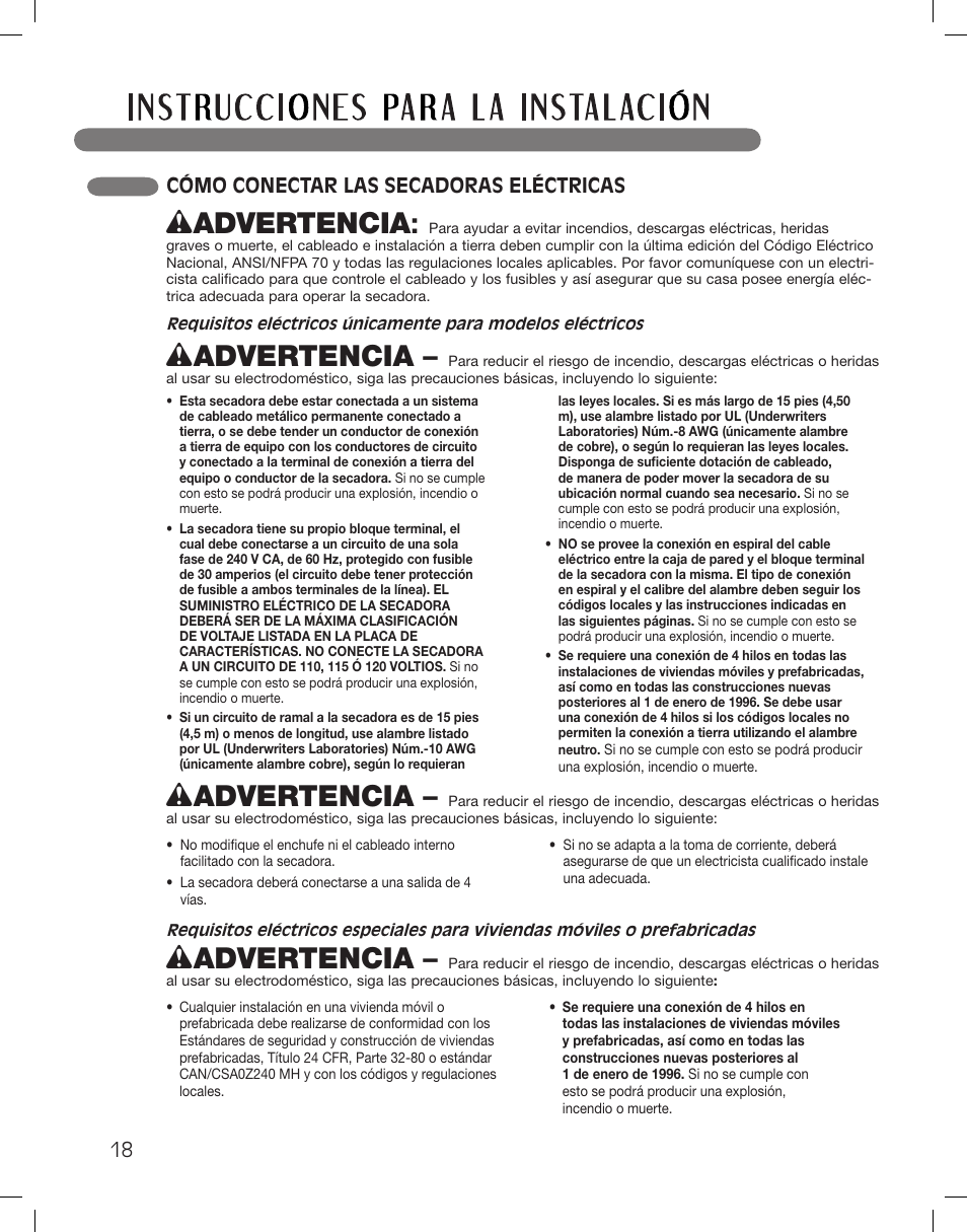 Wadvertencia, Cómo conectar las secadoras eléctricas | LG DLG5002W User Manual | Page 58 / 116